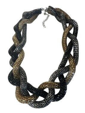 Gold & Black Mesh Chain-Link Statement Necklace Adjustable Chunky Statement